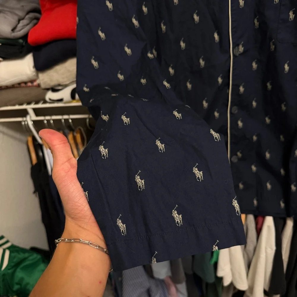 Polo Ralph‎ Lauren Pajama Top Mens Large Navy Blue Pony Logo Sleepwear Button Up